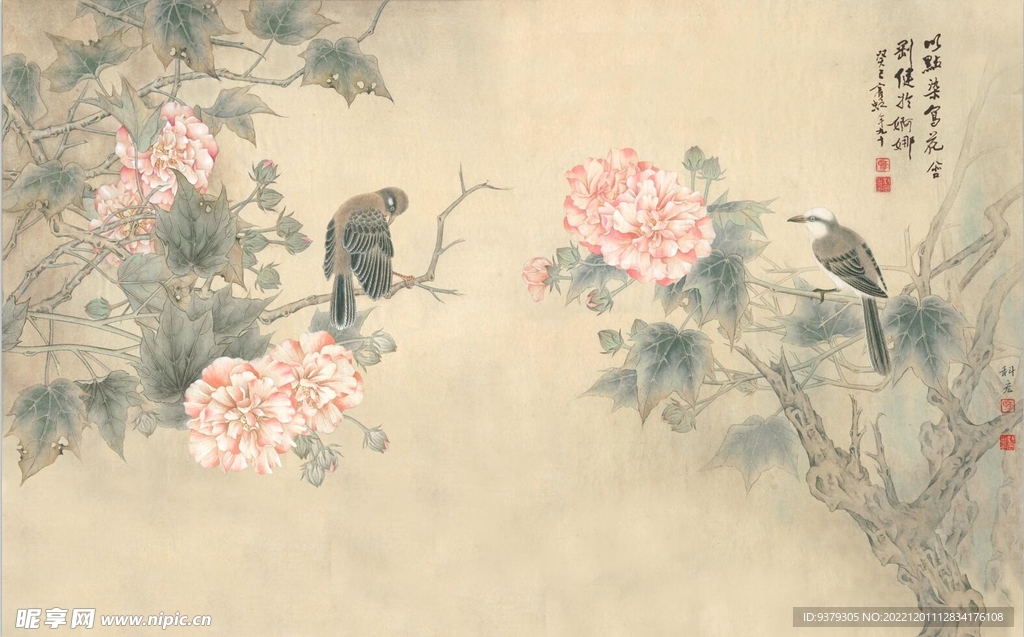 水墨山水简约花鸟背景客厅装饰画