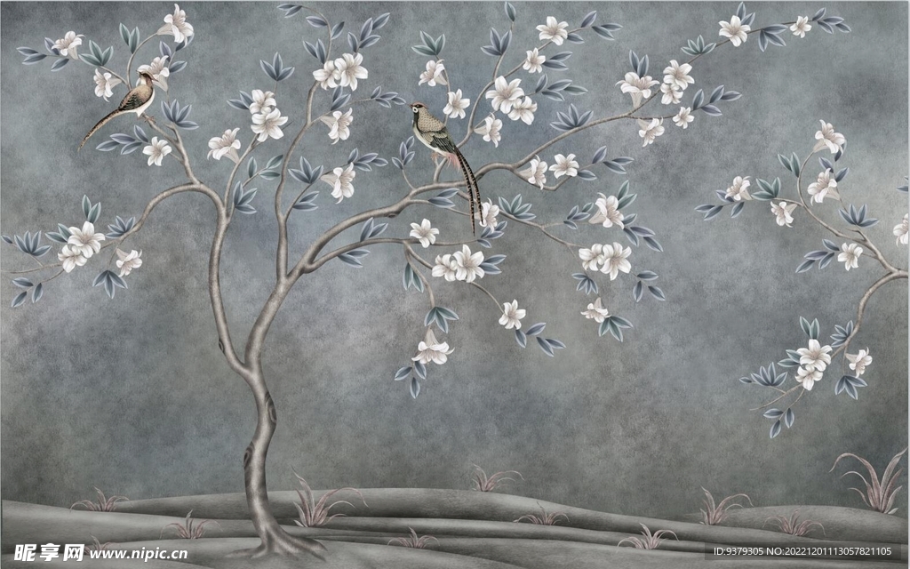 水墨山水简约花鸟背景客厅装饰画