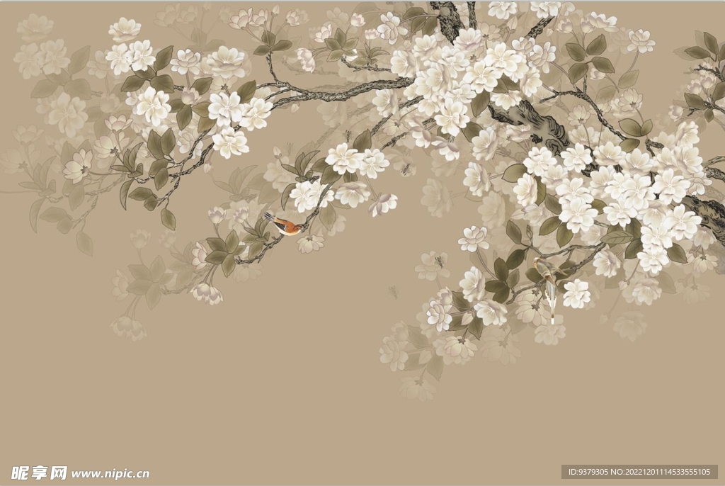 水墨山水简约花鸟背景客厅装饰画