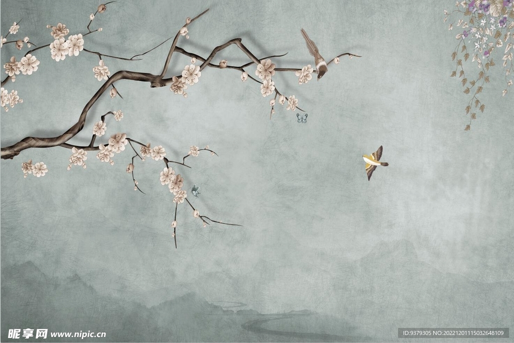 水墨山水简约花鸟背景客厅装饰画