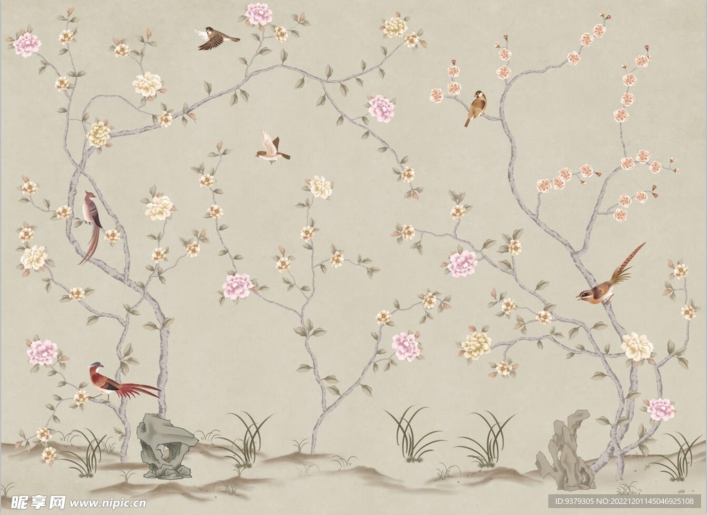 水墨山水简约花鸟背景客厅装饰画