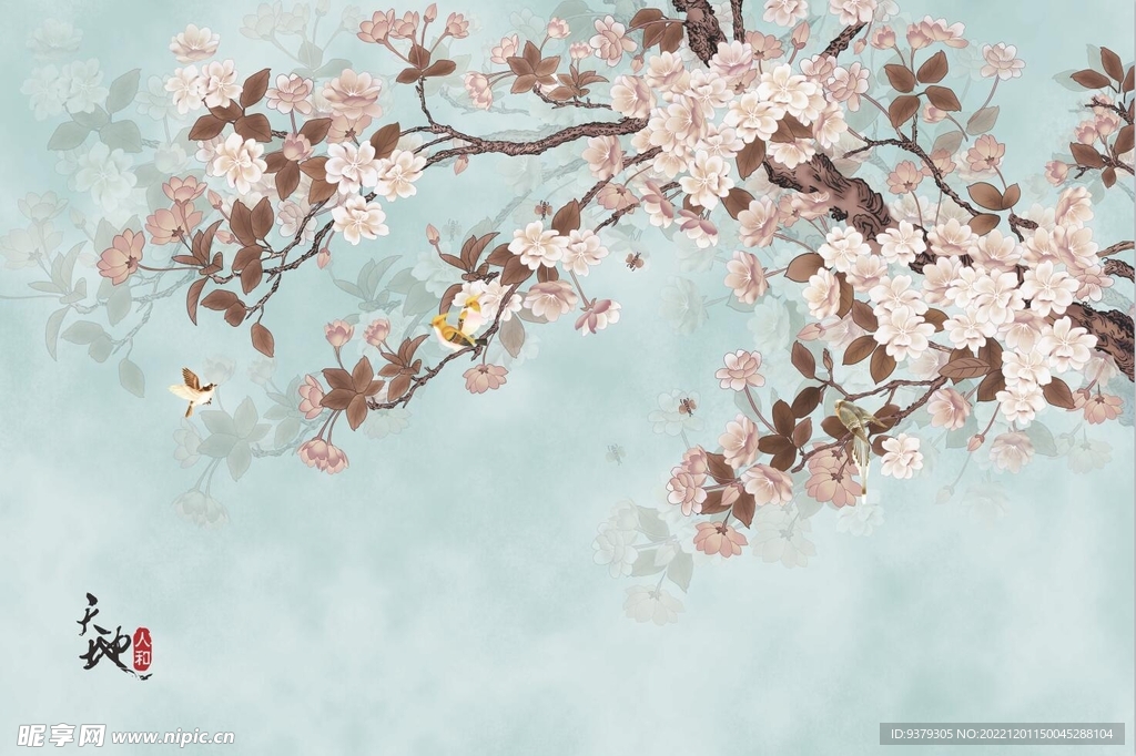 水墨山水简约花鸟背景客厅装饰画