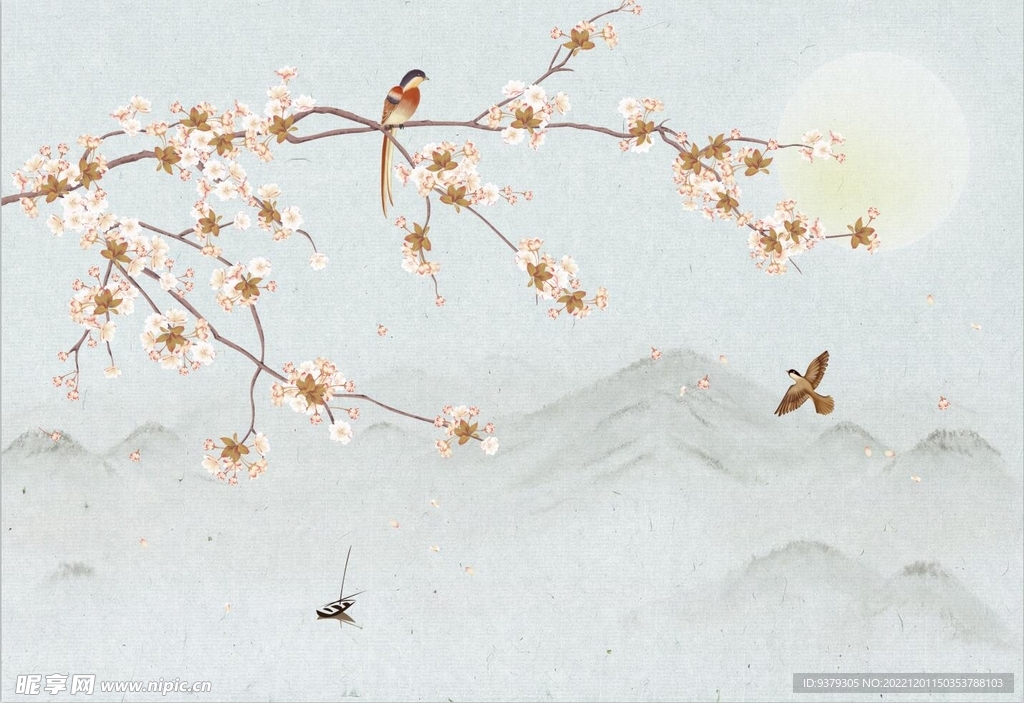 水墨山水简约花鸟背景客厅装饰画