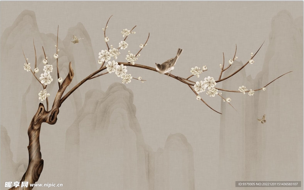 水墨山水简约花鸟背景客厅装饰画