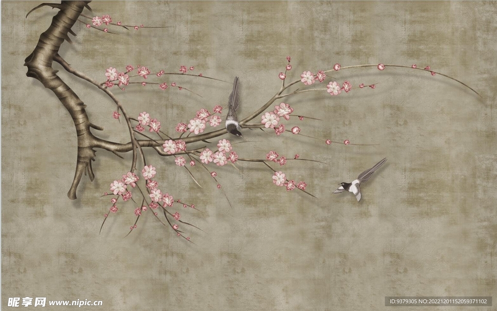 水墨山水简约花鸟背景客厅装饰画