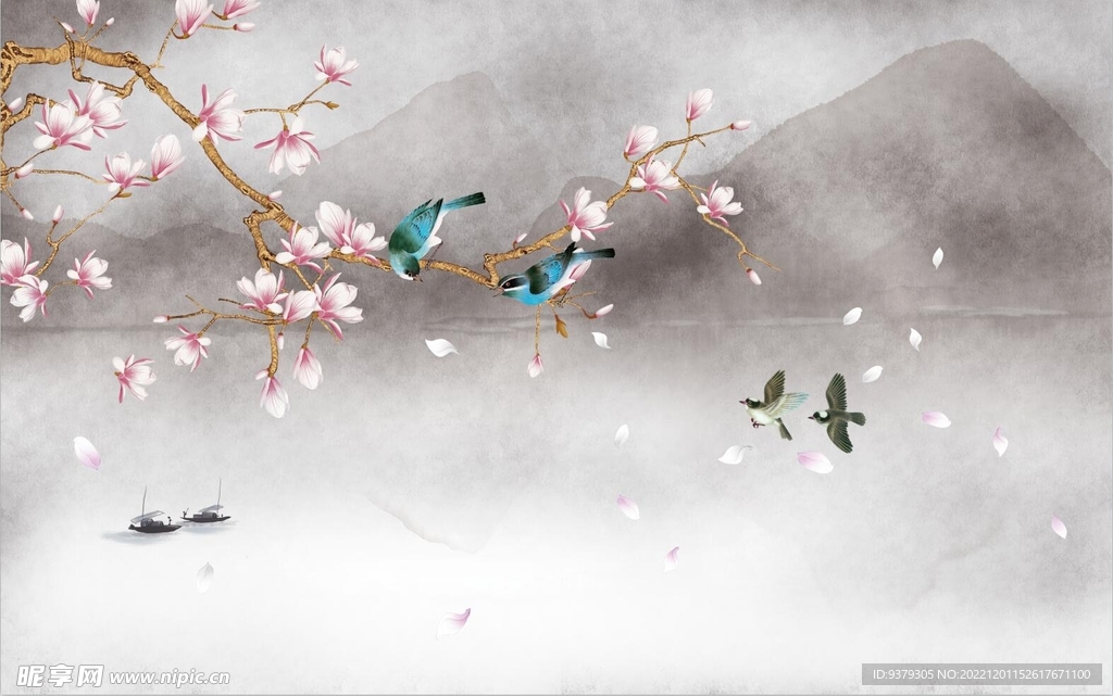 水墨山水简约花鸟背景客厅装饰画