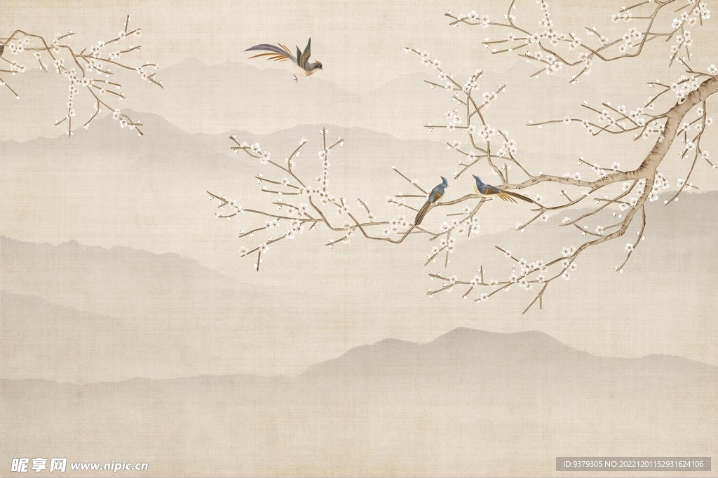 水墨山水简约花鸟背景客厅装饰画