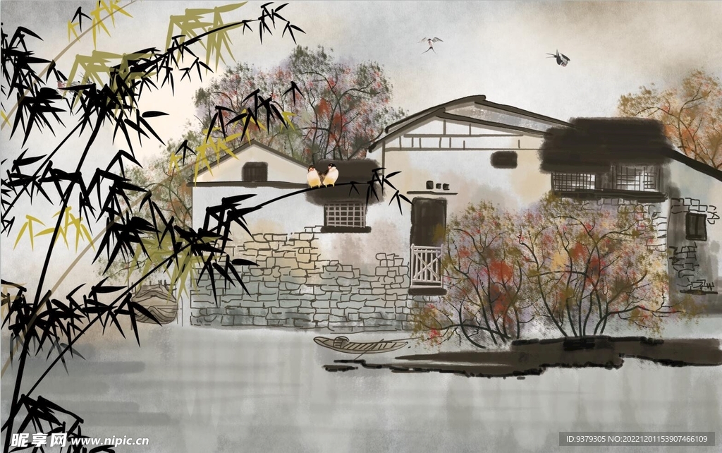 水墨山水简约花鸟背景客厅装饰画