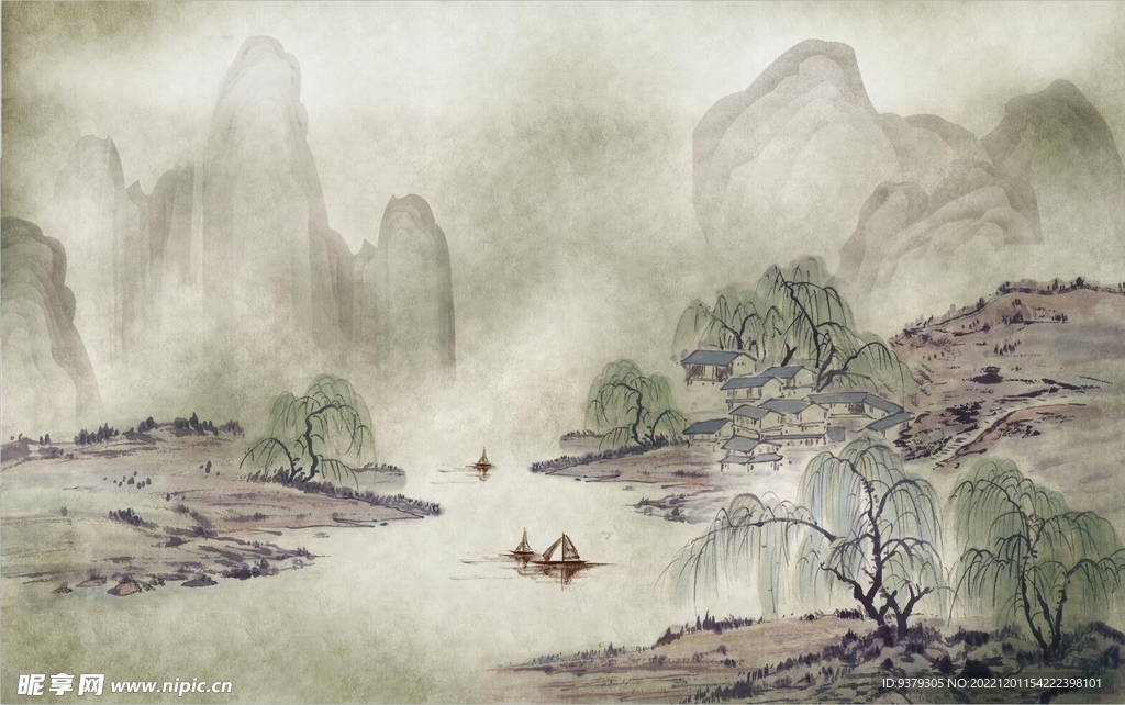 水墨山水简约花鸟背景客厅装饰画