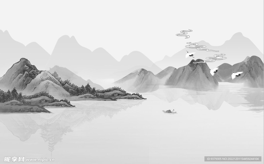 水墨山水简约花鸟背景客厅装饰画