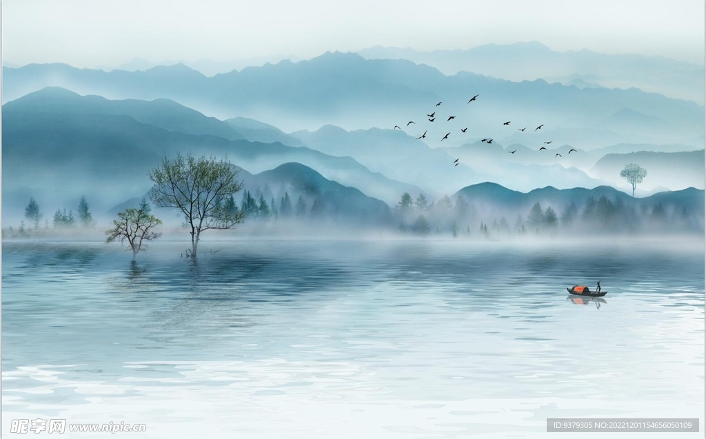 水墨山水简约花鸟背景客厅装饰画