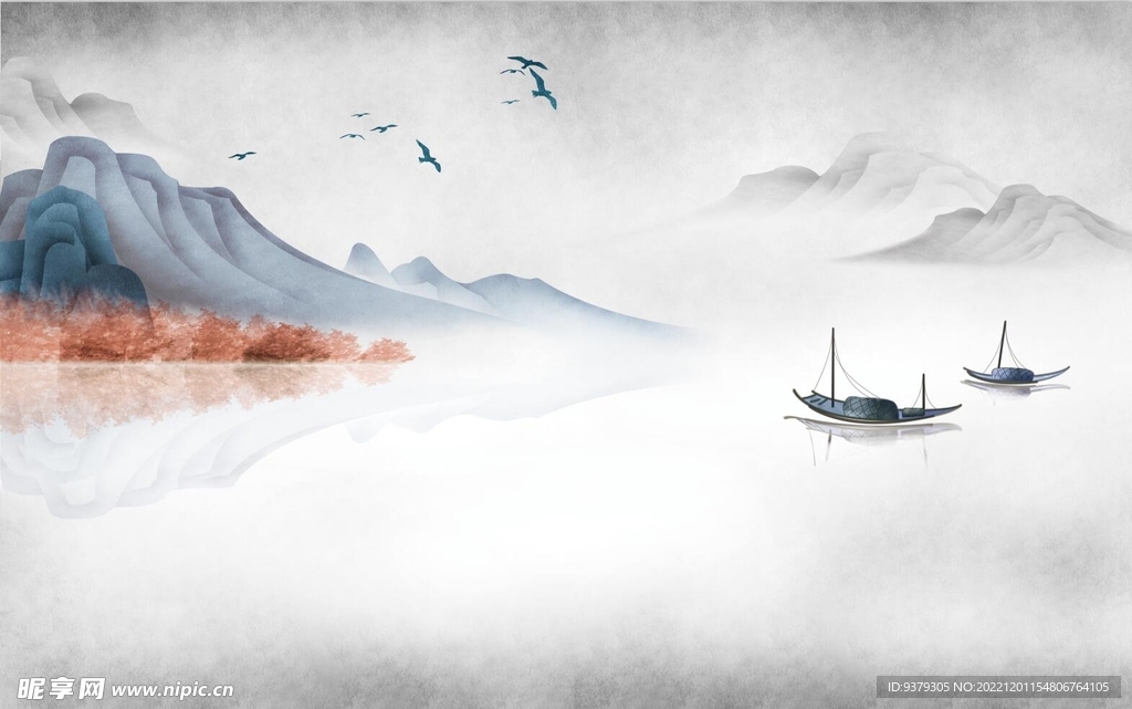 水墨山水简约花鸟背景客厅装饰画