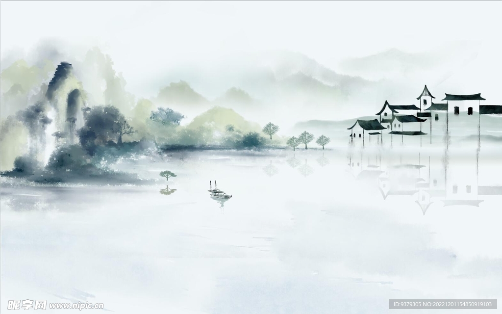 水墨山水简约花鸟背景客厅装饰画