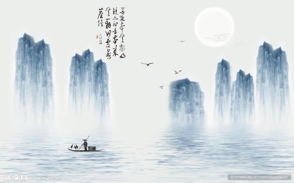 水墨山水简约花鸟背景客厅装饰画