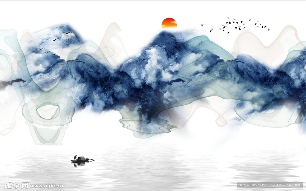 水墨山水简约花鸟背景客厅装饰画