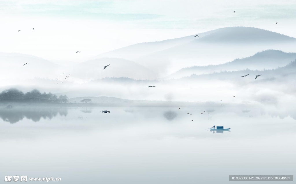 水墨山水简约花鸟背景客厅装饰画