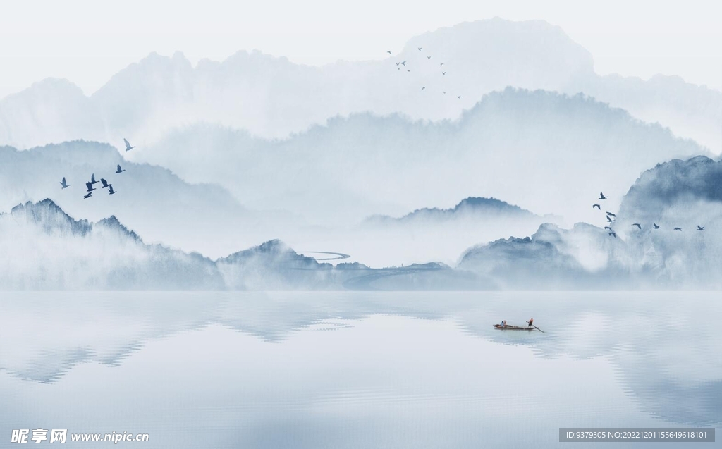 水墨山水简约花鸟背景客厅装饰画