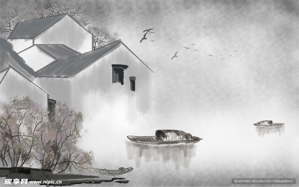 水墨山水简约花鸟背景客厅装饰画