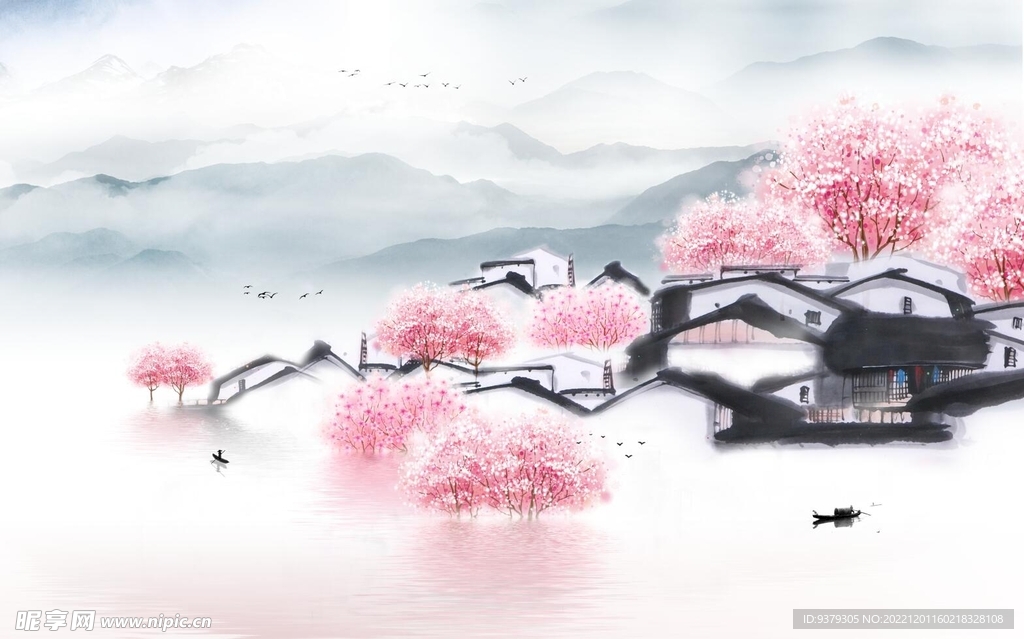 水墨山水简约花鸟背景客厅装饰画