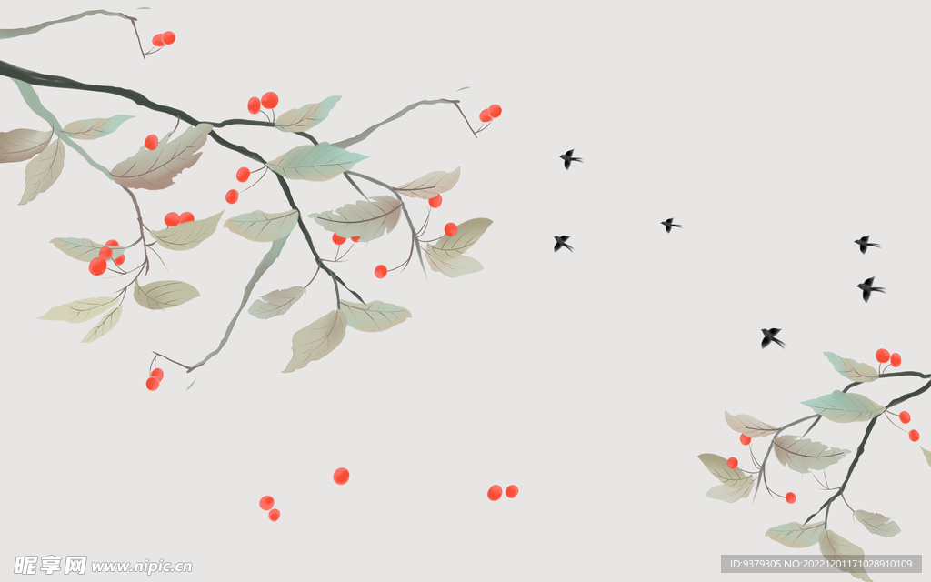 水墨山水简约花鸟背景客厅装饰画