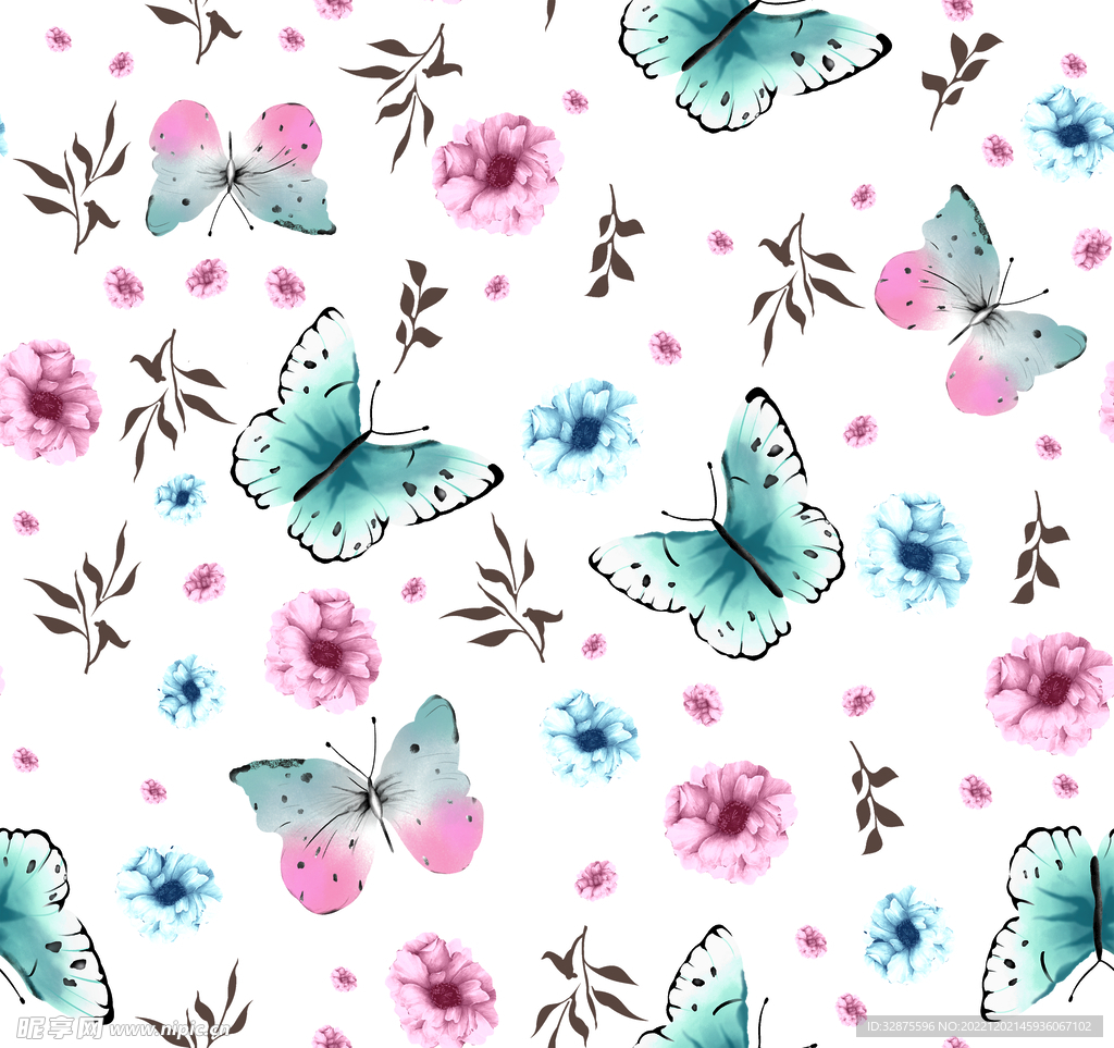 手绘花 蝴蝶 热带花