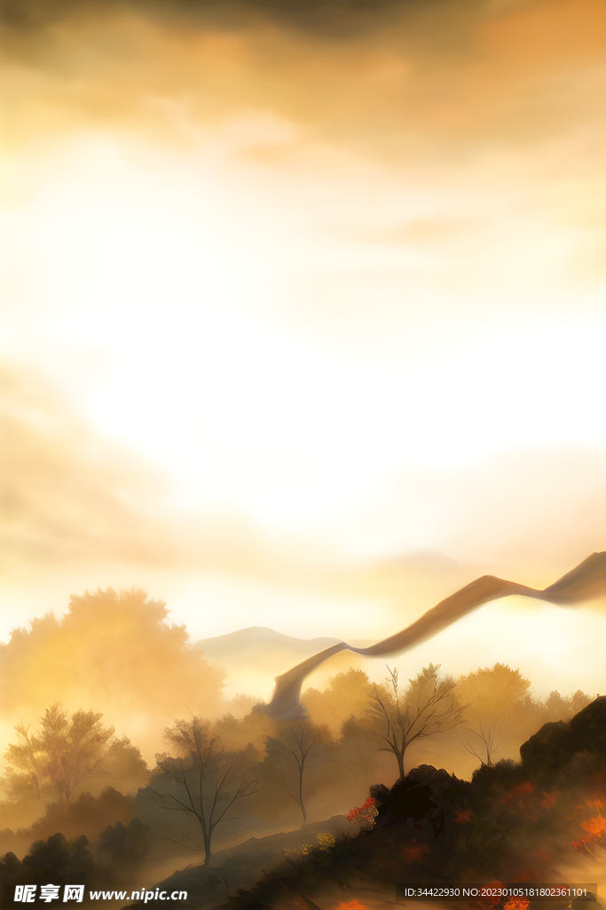 绘画落日森林背景