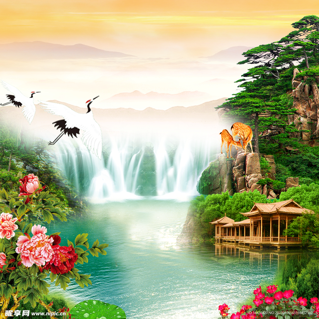 贺寿 福禄 电源箱壁画