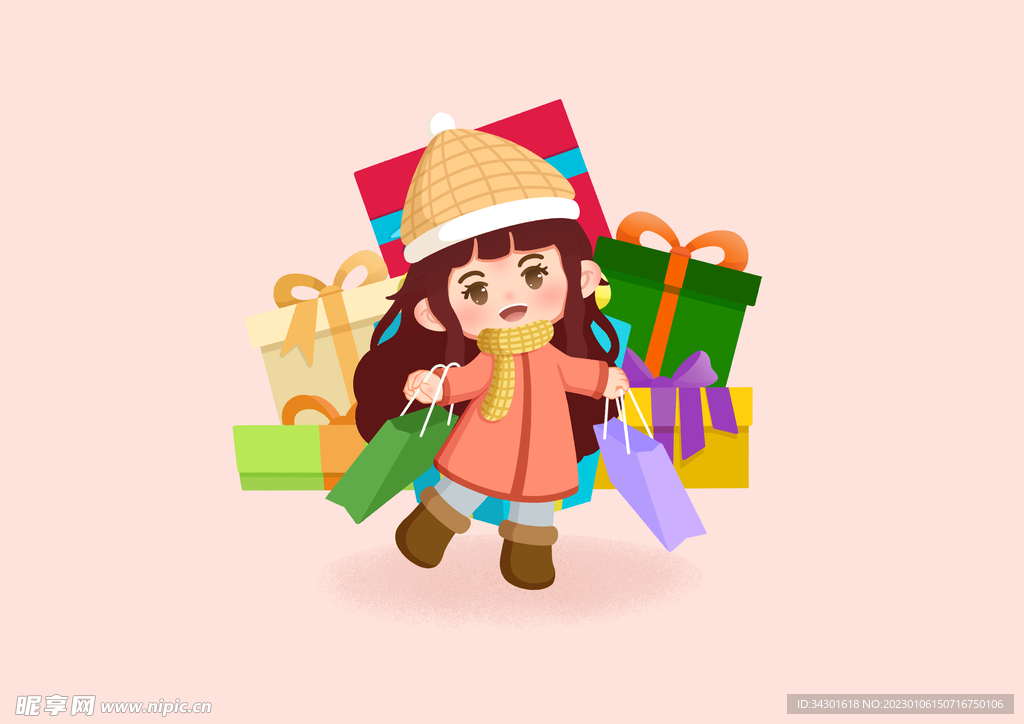 Q版扁平手绘双十一购物女孩