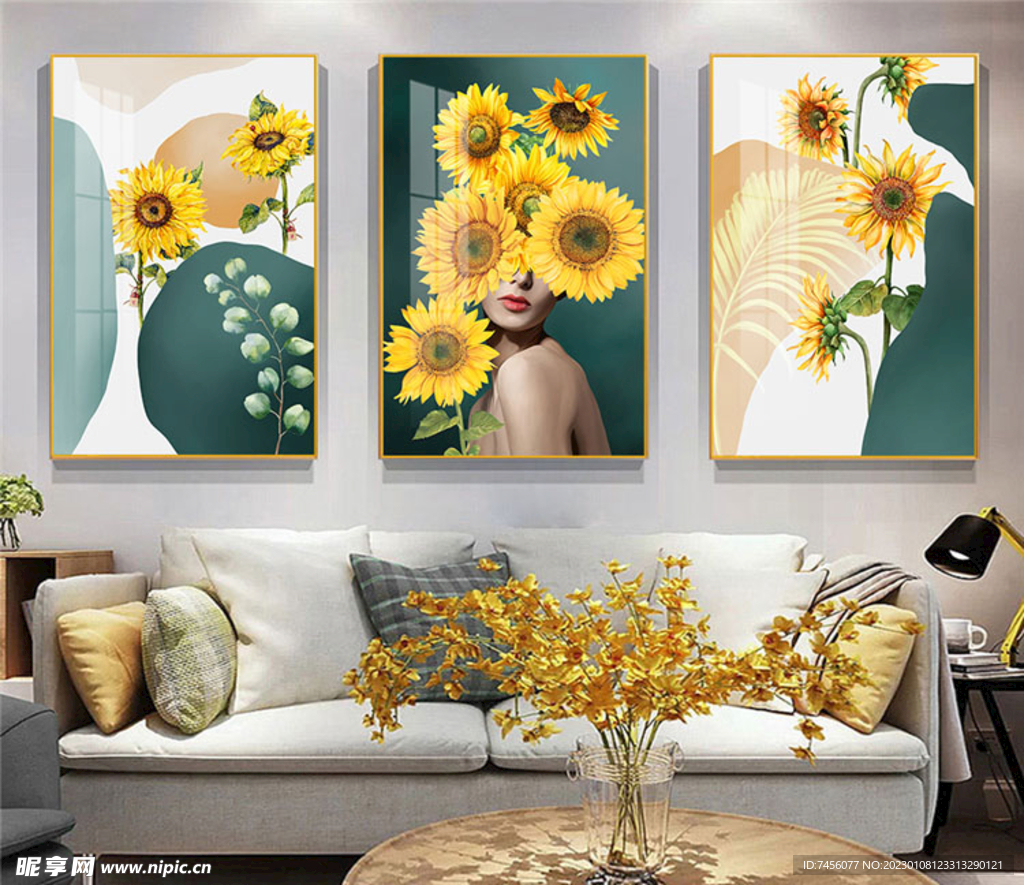 菊花向日葵美女三联挂画装饰画