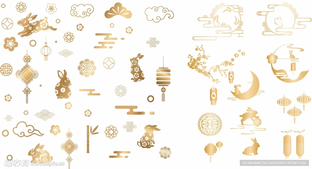 矢量烫金风中秋边框月亮兔子灯笼