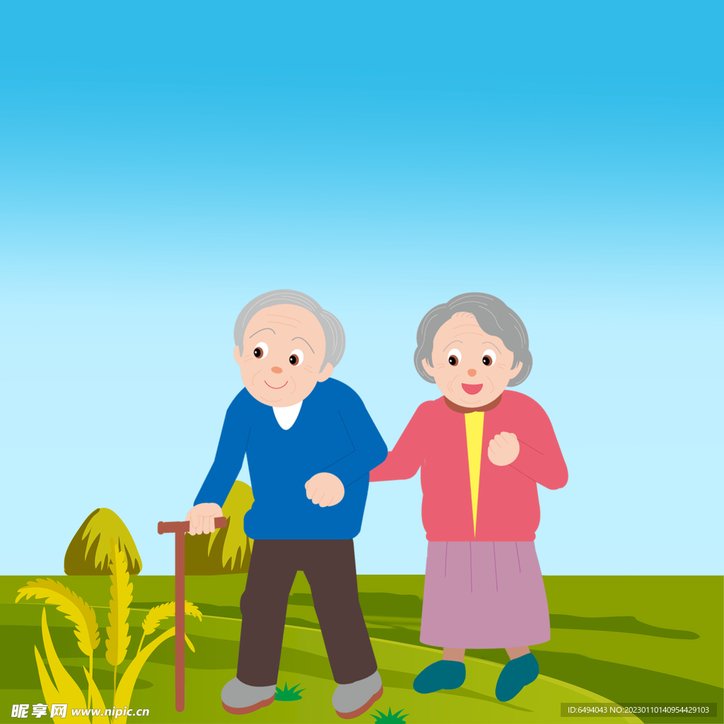 农村老人田野散步单层免抠素材