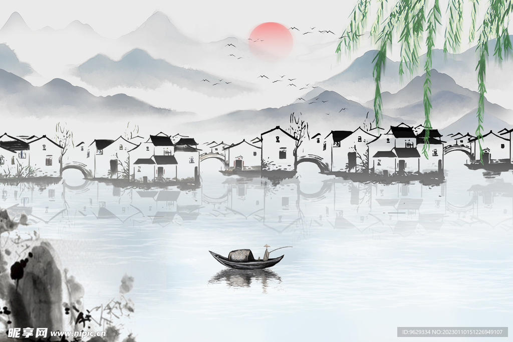 江南水乡水墨画