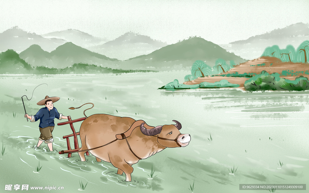 国画黄牛耕田
