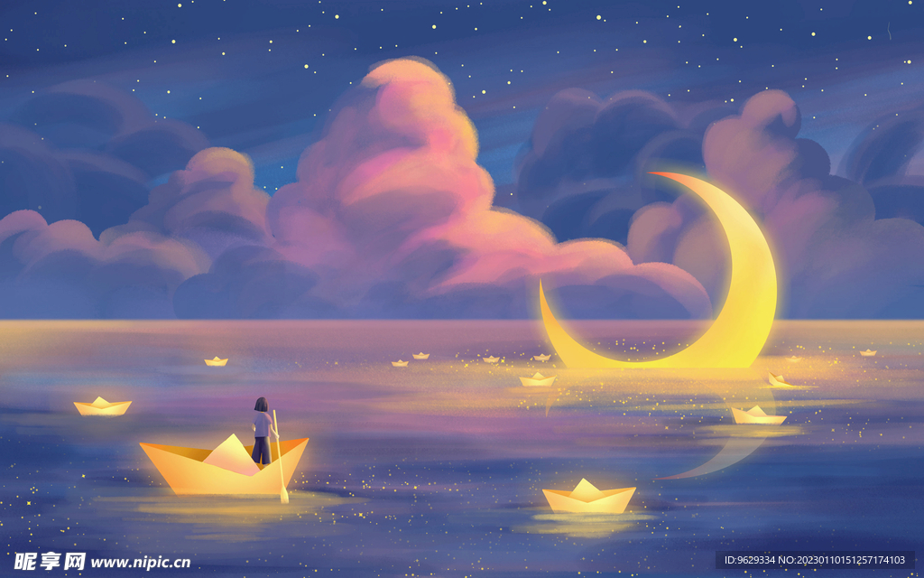 乘船捞月亮唯美插画