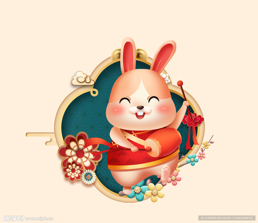 兔年素材2023年新春腰鼓兔子