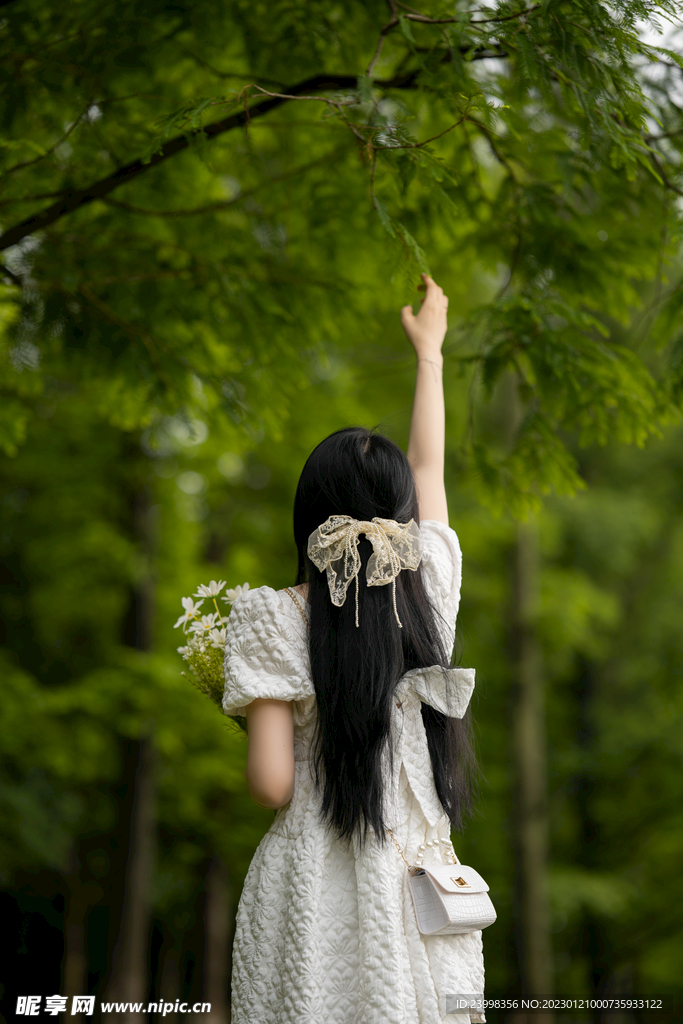 白色连衣裙的少女摸树叶