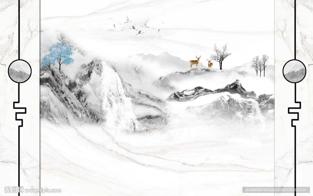 简约中式山水电视背景墙图片