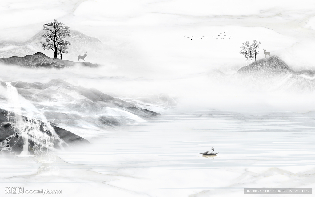 简约中式山水电视背景墙图片