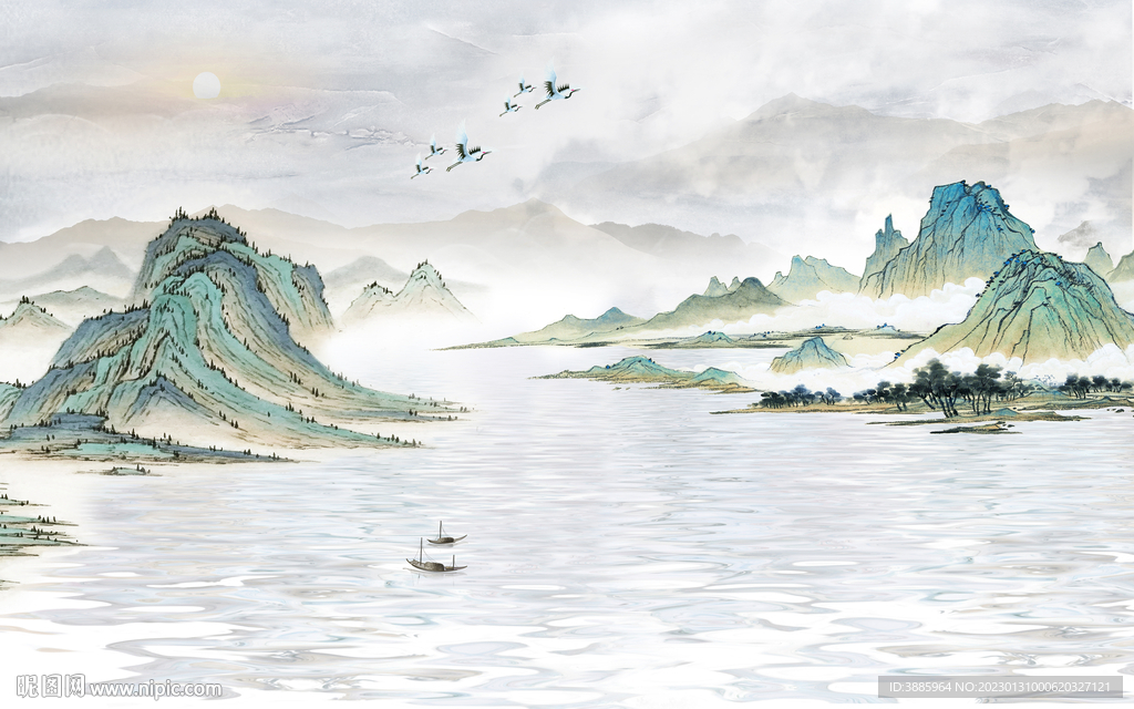 中式意境水墨山水电视背景墙图片