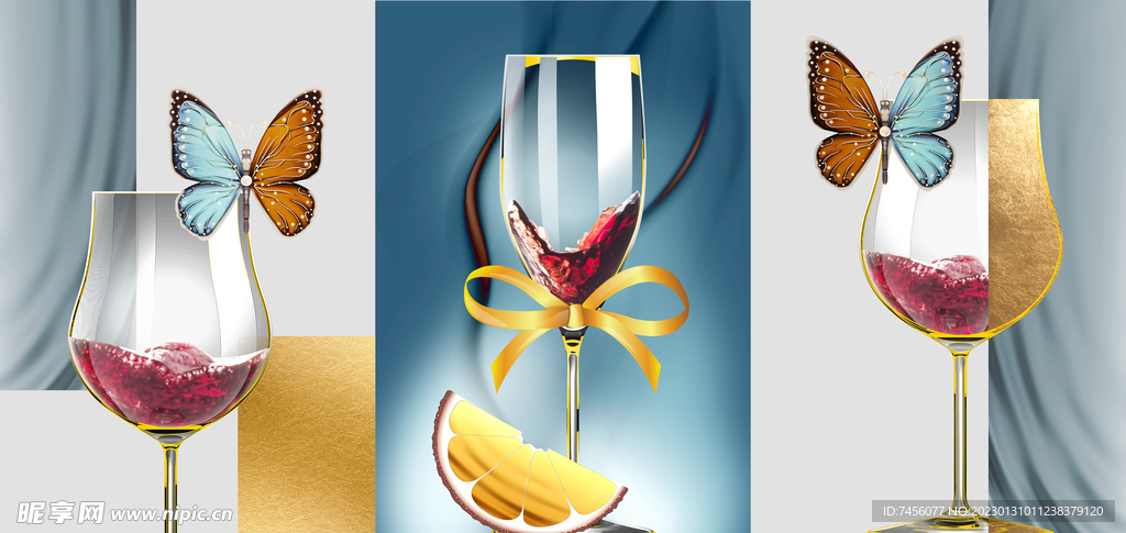 水彩蝴蝶酒杯轻奢三联挂画装饰画