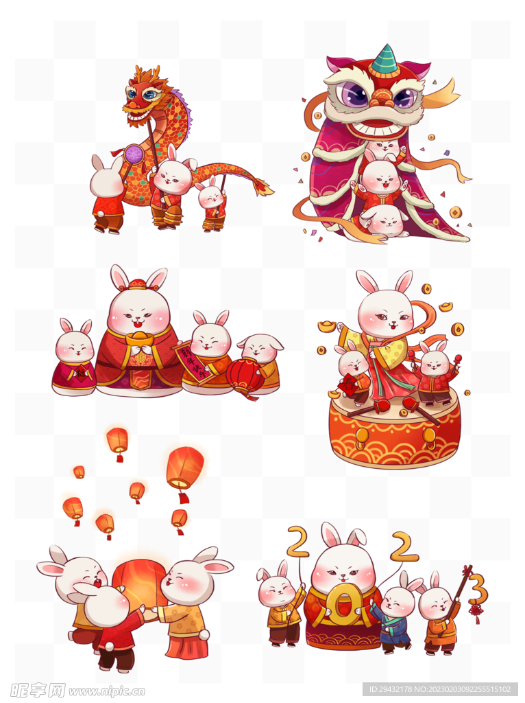 卡通兔子舞龙舞狮新春场景