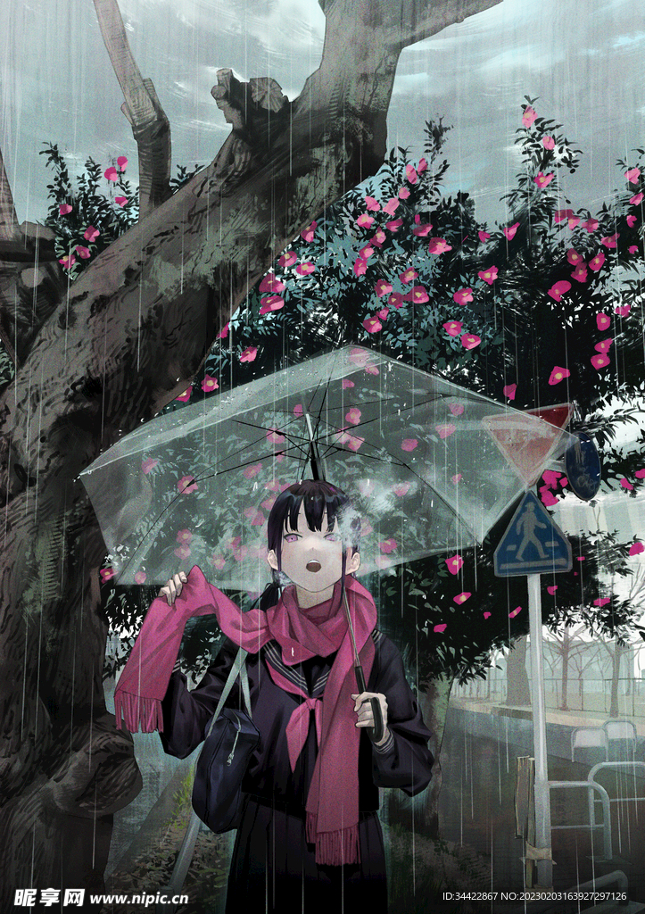 雨中树下拿透明伞的女孩