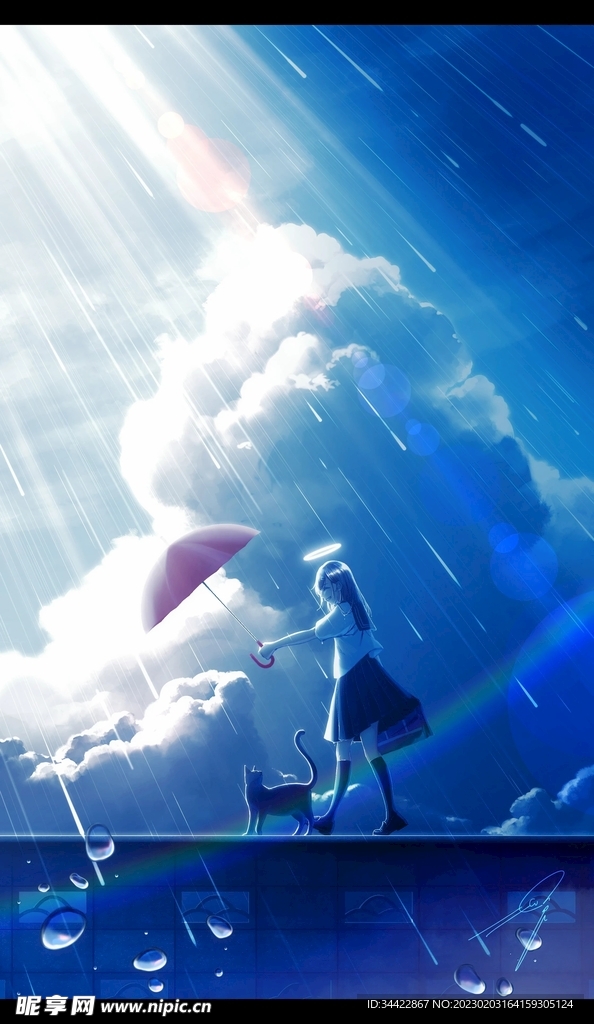 蓝天下拿伞女孩