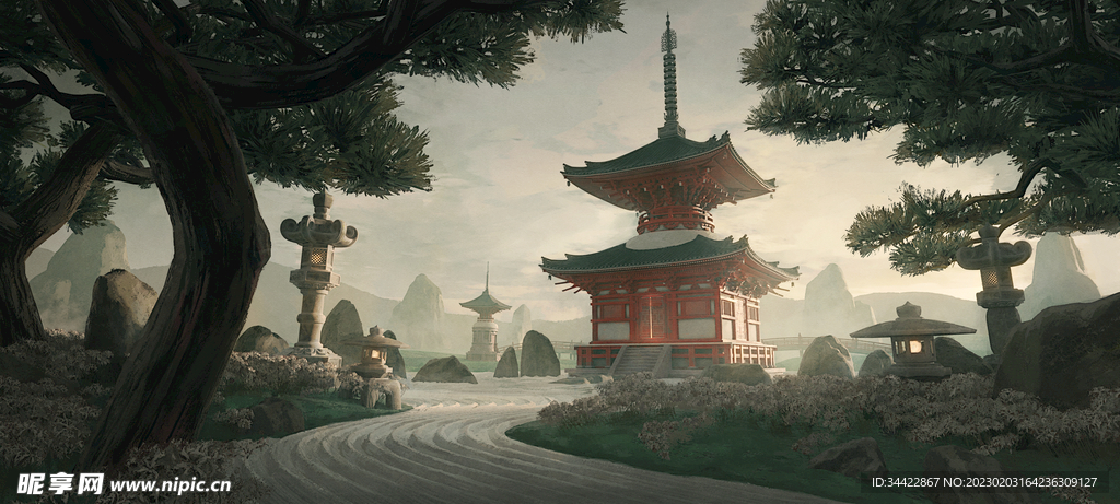 古建筑树木手绘