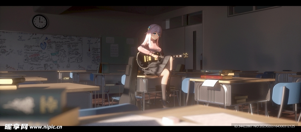 教室里弹吉他的女孩 手绘