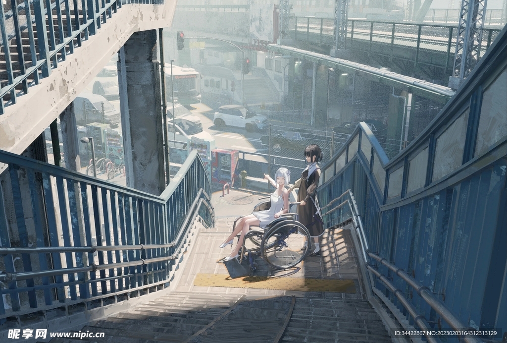 高楼间坐轮椅的女孩