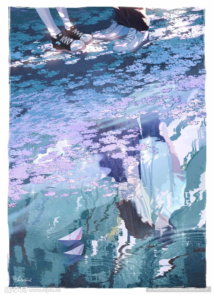 青春校园恋情樱花与水面