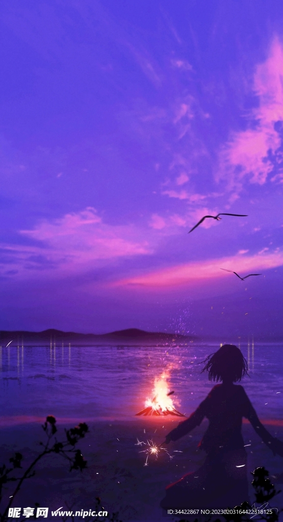 蓝紫色幻想日落与飞鸟