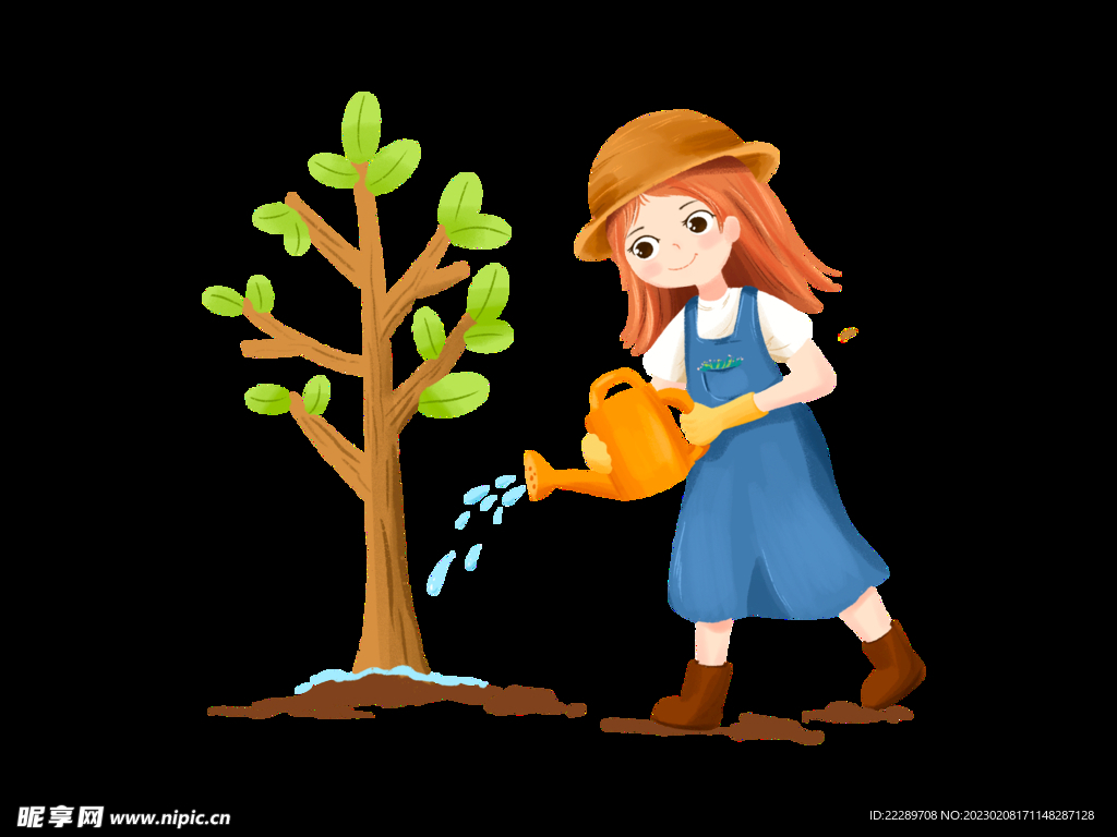 卡通女孩植树浇水