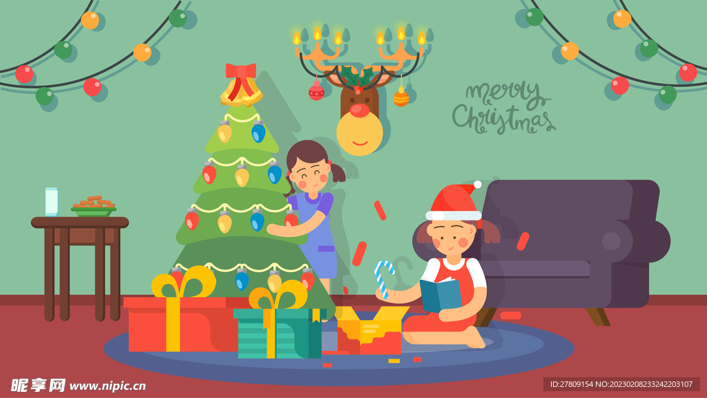 卡通清新圣诞节圣诞快乐家庭插画